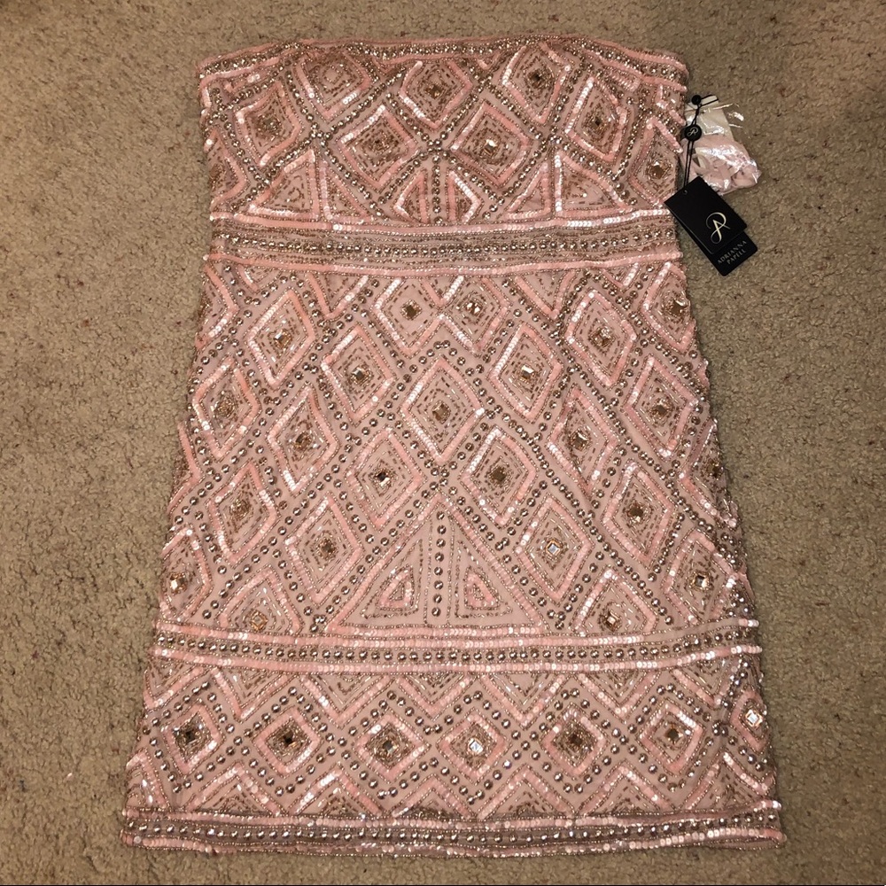 Adrianna Papell strapless sequence dress.